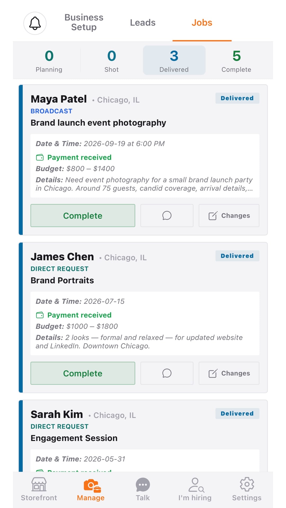 LensTalk Jobs: requests moving from planning to shot to delivered to complete