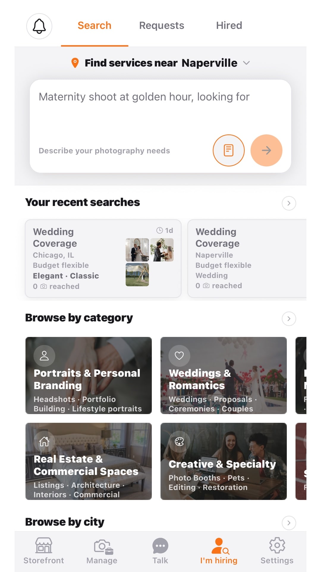 LensTalk search: find services near you, recent searches, browse by category
